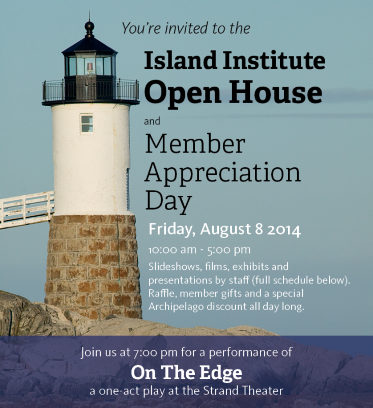1:00 pm : A Musical History of Swan's Island , a presentation by former Island fellow Meghan Vigeant , will feature songs, stories and photos from the Swan's Island Memory Project. 2:00 pm : Learn about one of our elementary education programs, the Outer Islands Teaching and Learning Collaborative (and hear from the students!) with staff member and former Monhegan Island teacher Jessie Campbell. 3:00 - 5:00 pm : View portraits and hear stories and memories recorded from Maine fishermen by our friends at the Maine Coast Fishermen's Association in a project co-sponsored by the Island Institute. 4:00 pm : Energy Associate Brooks Winner will talk about island energy challenges and demonstrate a few tricks and tools for weatherization and energy efficiency on islands.