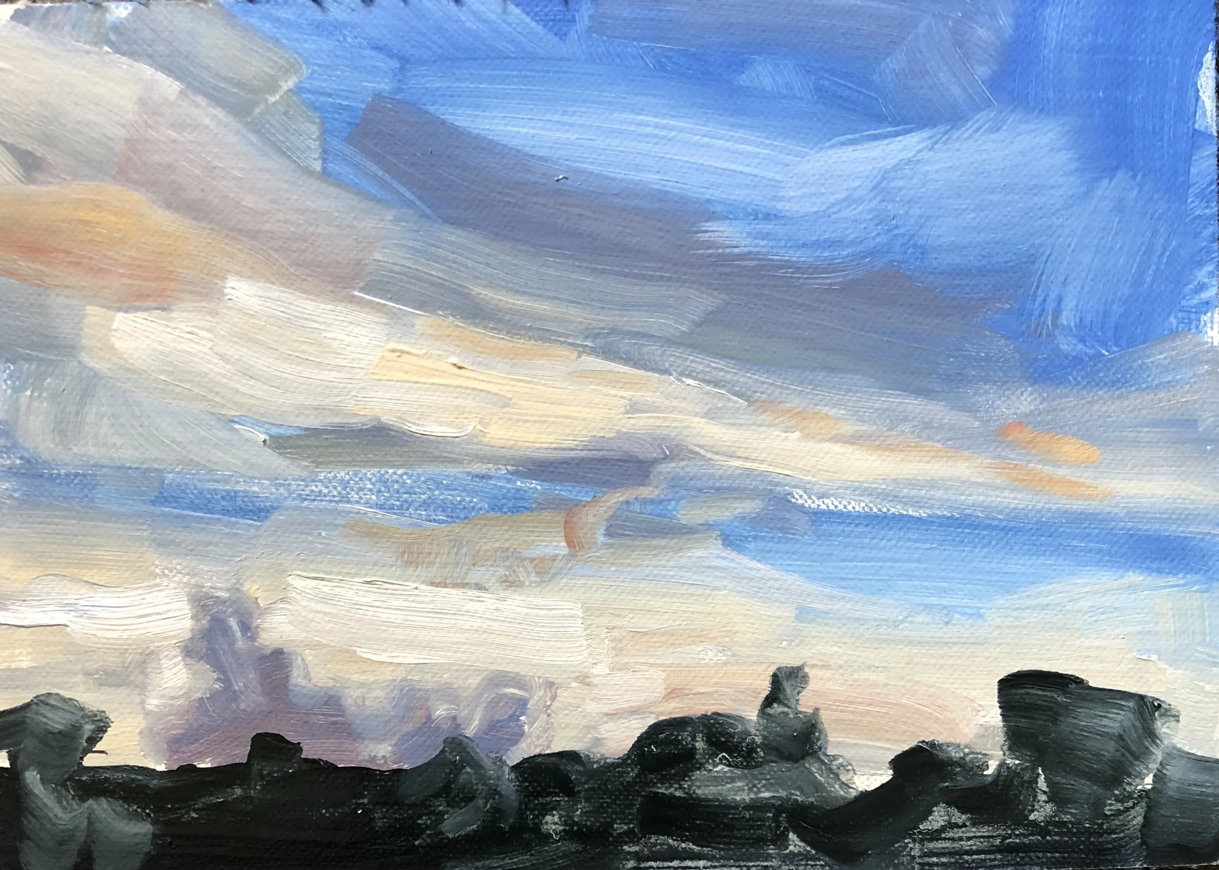 4 Sept 2018. I turned 30 yesterday! Feel so blessed to be where I am at 30. Ultramarine blue, Naples yellow, cad red light, and radiant white for the sky. Loved the big swooping strokes.