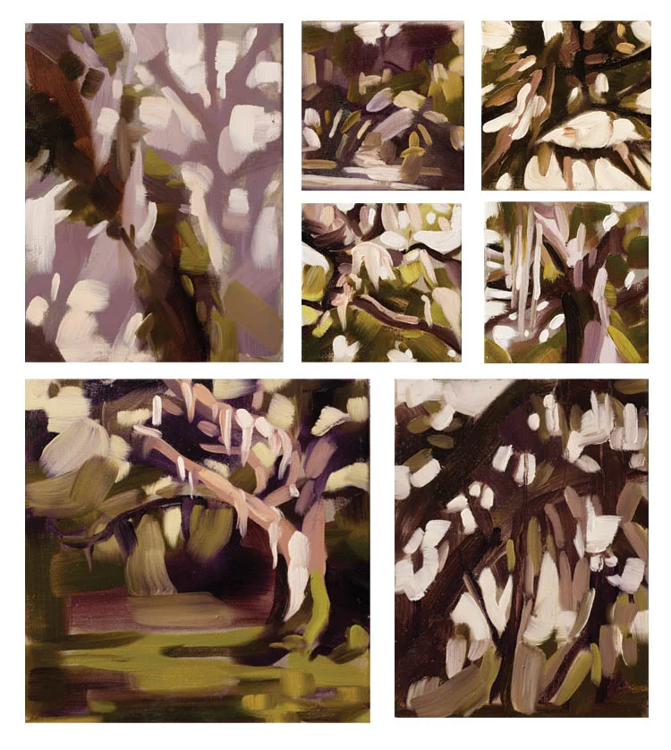 Counting Strokes Montage 2, 12”x12”, 2 9”x12”, 4 t6”x6”, oil on 1.5” deep wrapped canvas
