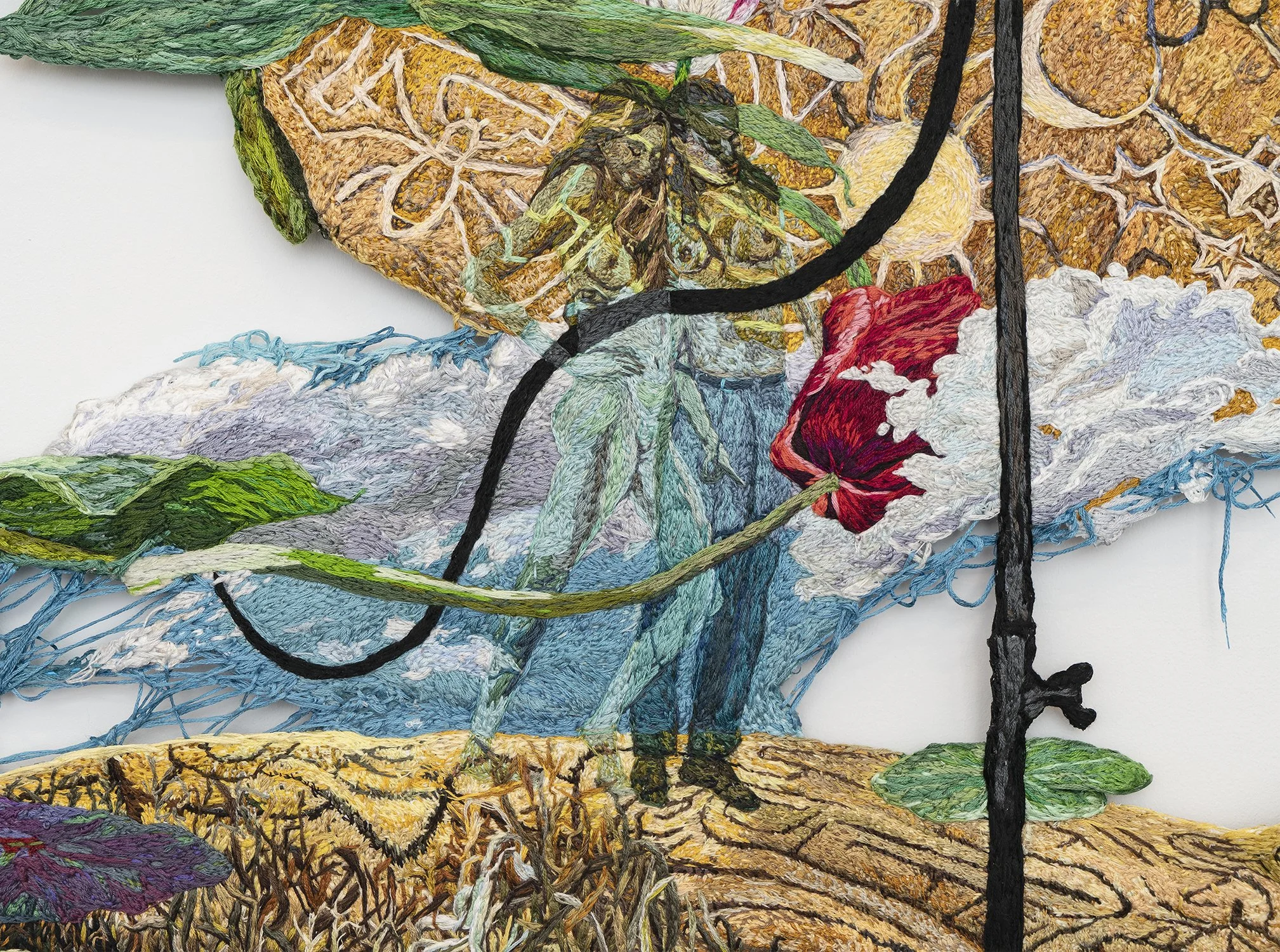   The Moment We Met  (detail), 2020-21, Embroidery Thread, Fabric, Aluminum, Acrylic, 61 x 51 inches 