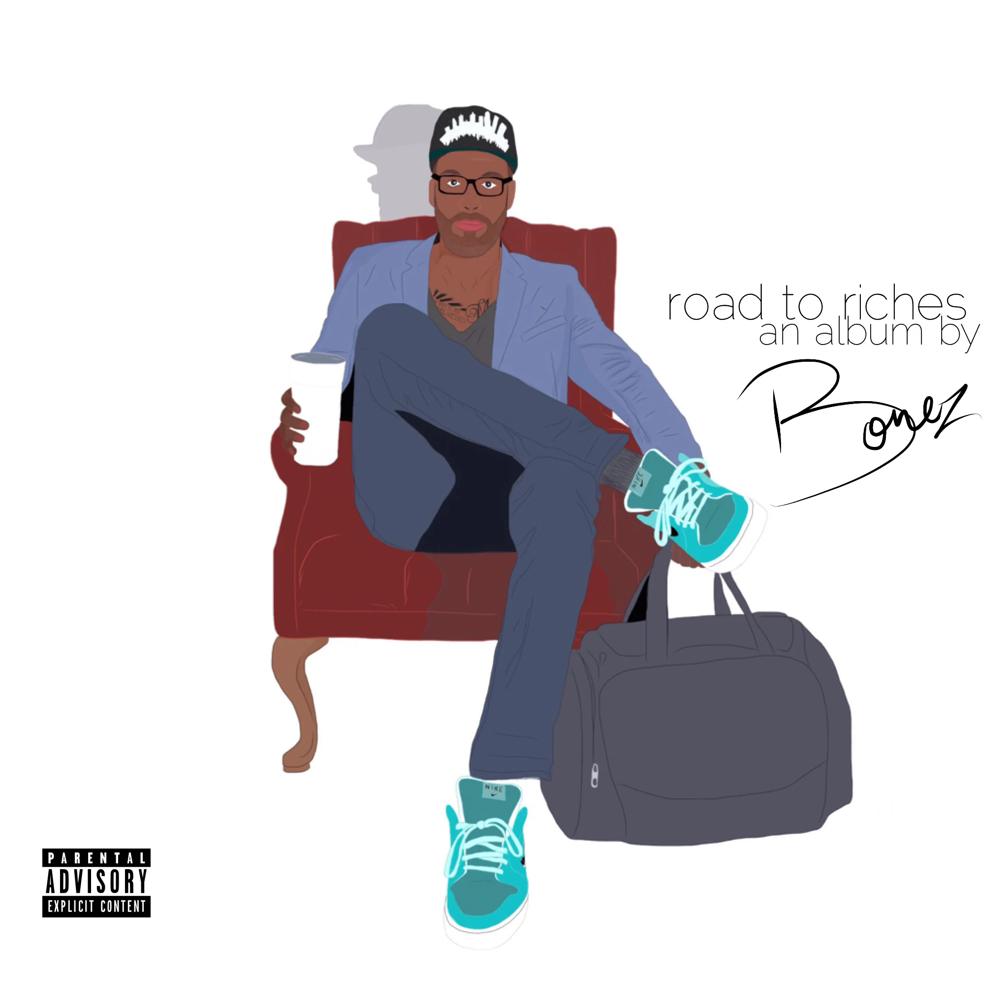 I am incredibly honored to announce the official release of "Road To Riches", an album by my long-time friend Mark Clayton, perhaps better known by his performance name: Bonez . The album has been in production for over a year and features an excellent representation from the Louisville hip-hop talent pool including J Craze , Twiggo , and Chevy. For this piece, I contributed the album cover artwork in addition to an array of promotional posters for live shows leading up to the release. The album is now available for free download here .