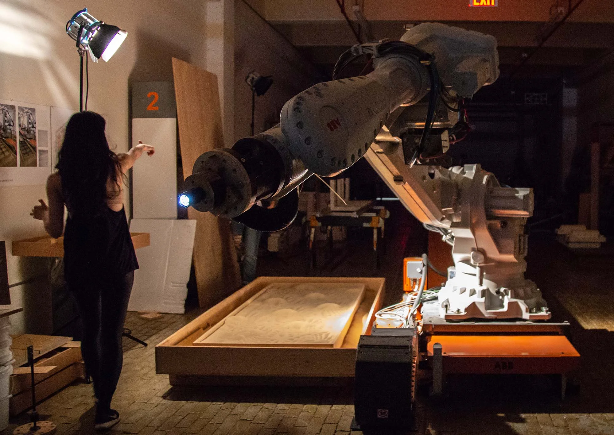 The ABB robot at the Consortium for Research and Robotics, Brooklyn Navy Yard. The ABB robot was used to generate an animation (pictured below, in red, on the right).