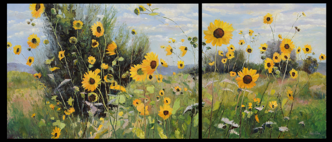 The Story Sunflowers Told, oil on canvas, 52x122 diptych, 2017