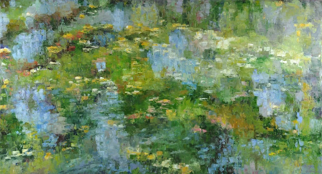 Pond Reflections III, oil, 46x84 (featured in recent solo show in Santa Fe, July 2018)