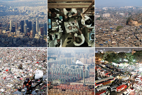 Mega-cities clockwise from top left: Los Angeles, Hong Kong, Mumbai, Manila, Qingdao, Jakarta.