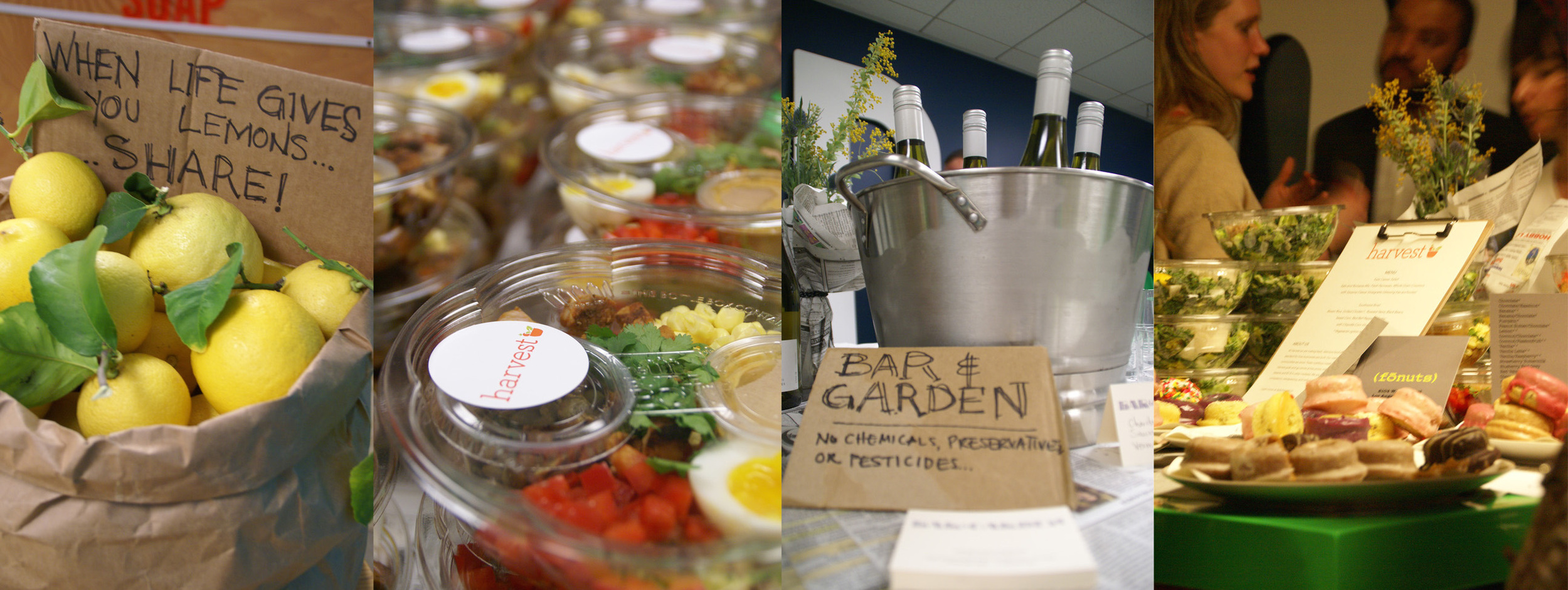 The evening included edible provocations as introductions to new perspectives on how and what we put on our tables. Left to right: lemons from my backyard showed up as party favors epitomizing the potential of fallen fruit ; dinner provided by Groceryships' founder, Sam Polk's latest effort, Harvest , redefine affordable grab-n-go nutrition; Bar and Garden asks us to consider not just the farm-to-fork movement but what's in our glass as well; and Fonuts added a sweet reminder that unprocessed alternatives provide vegan and gluten-free options that still deliver.