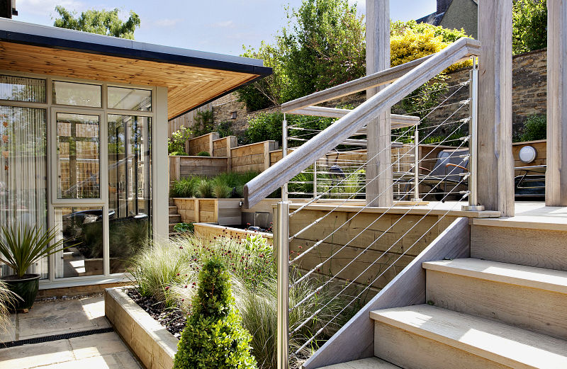 Steeply Sloping Garden with Decked Terraces