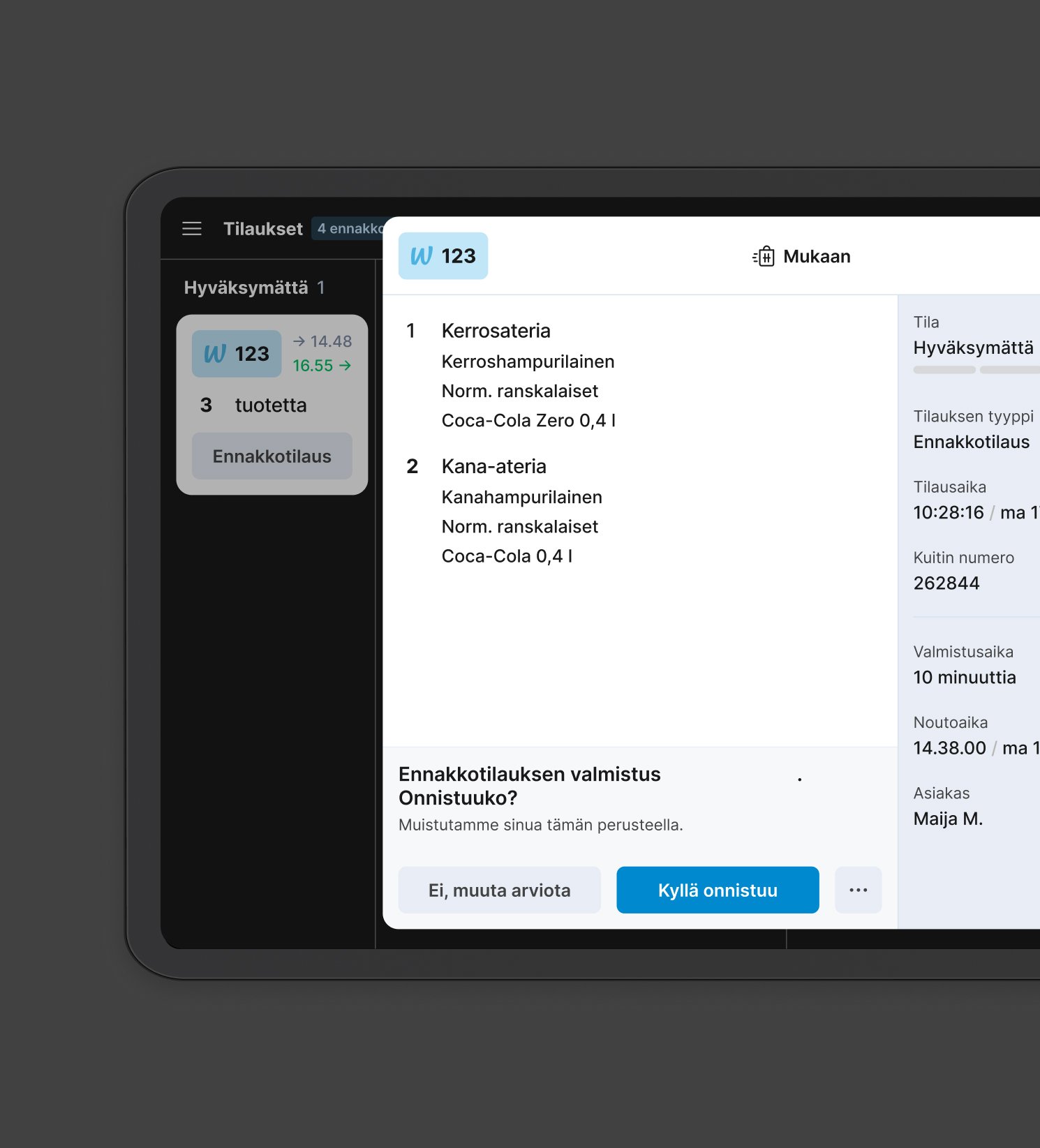 The tablet was designed to make the employee’s work flow easier in a time when there are many different ordering channels (delivery apps, Hesburger app, drive-in and so on). Design and development of the service was guided by user input and feedback