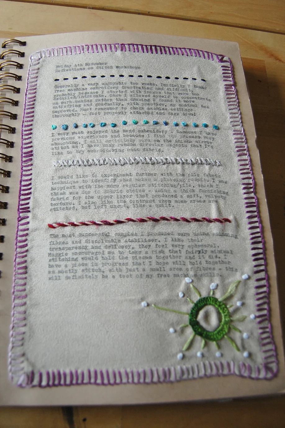 journal page for stitch workshops incorporating stitch sampler.