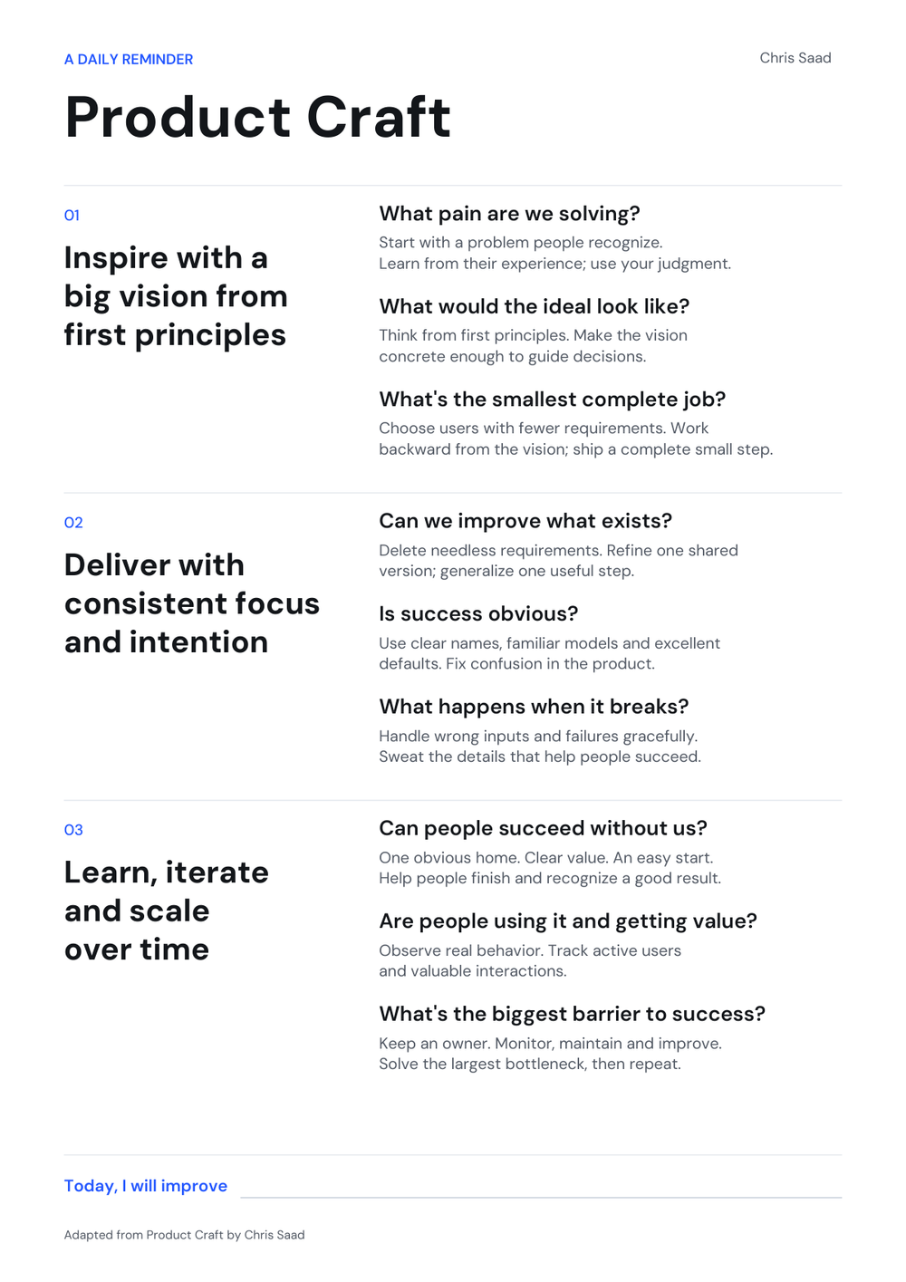 A4 Product Craft cheat sheet with practical daily prompts
