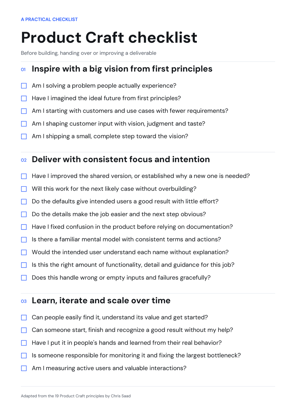 Product Craft checklist with practical questions and checkboxes
