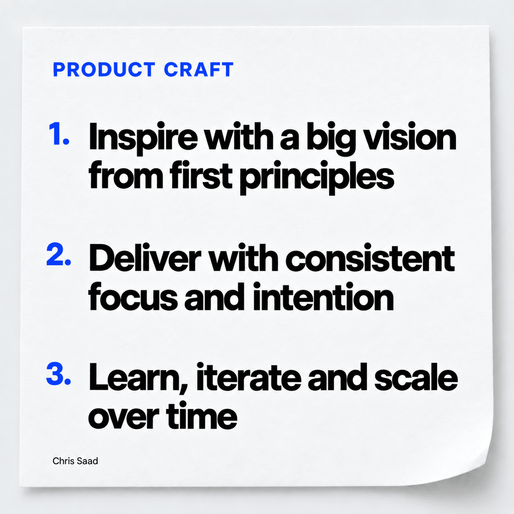 Product Craft post-it reminder showing the three core principles