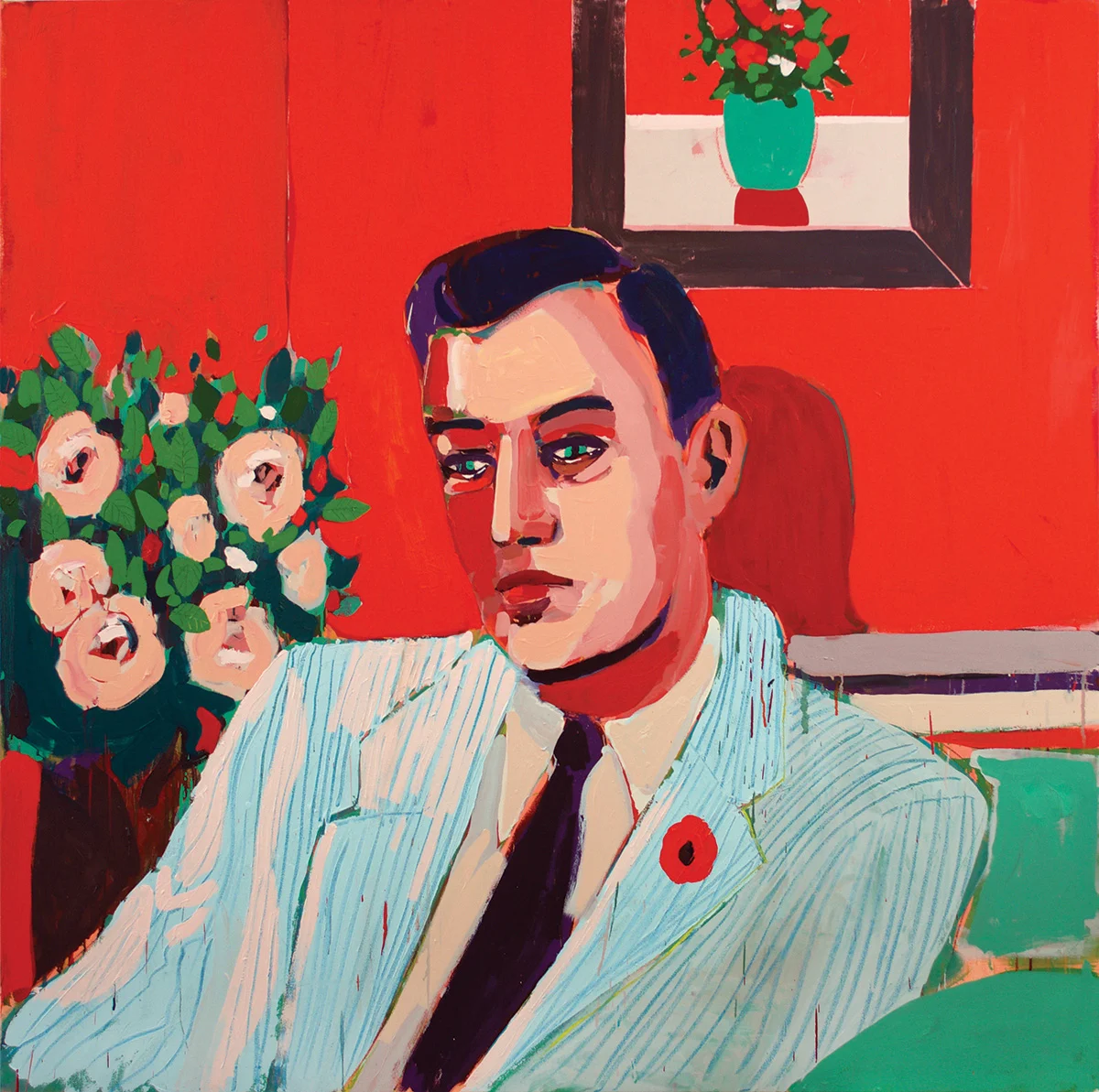 Man, Flower & Frame, Oil on canvas, 60 x 60" SOLD