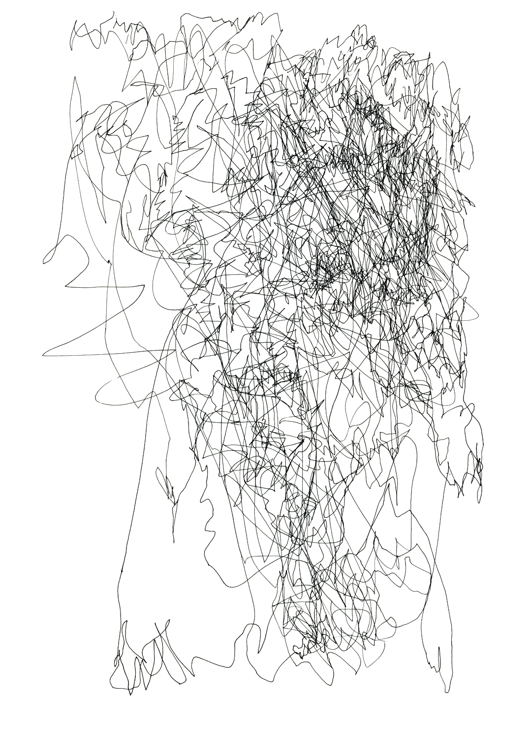   The 6 Train from Astor Place to Brooklyn Bridge, the 4 Train from Brooklyn Bridge to Franklin Ave, being crushed between passengers, hardly a place to stand,  2009, Ink on paper,&nbsp;14" x 11" 