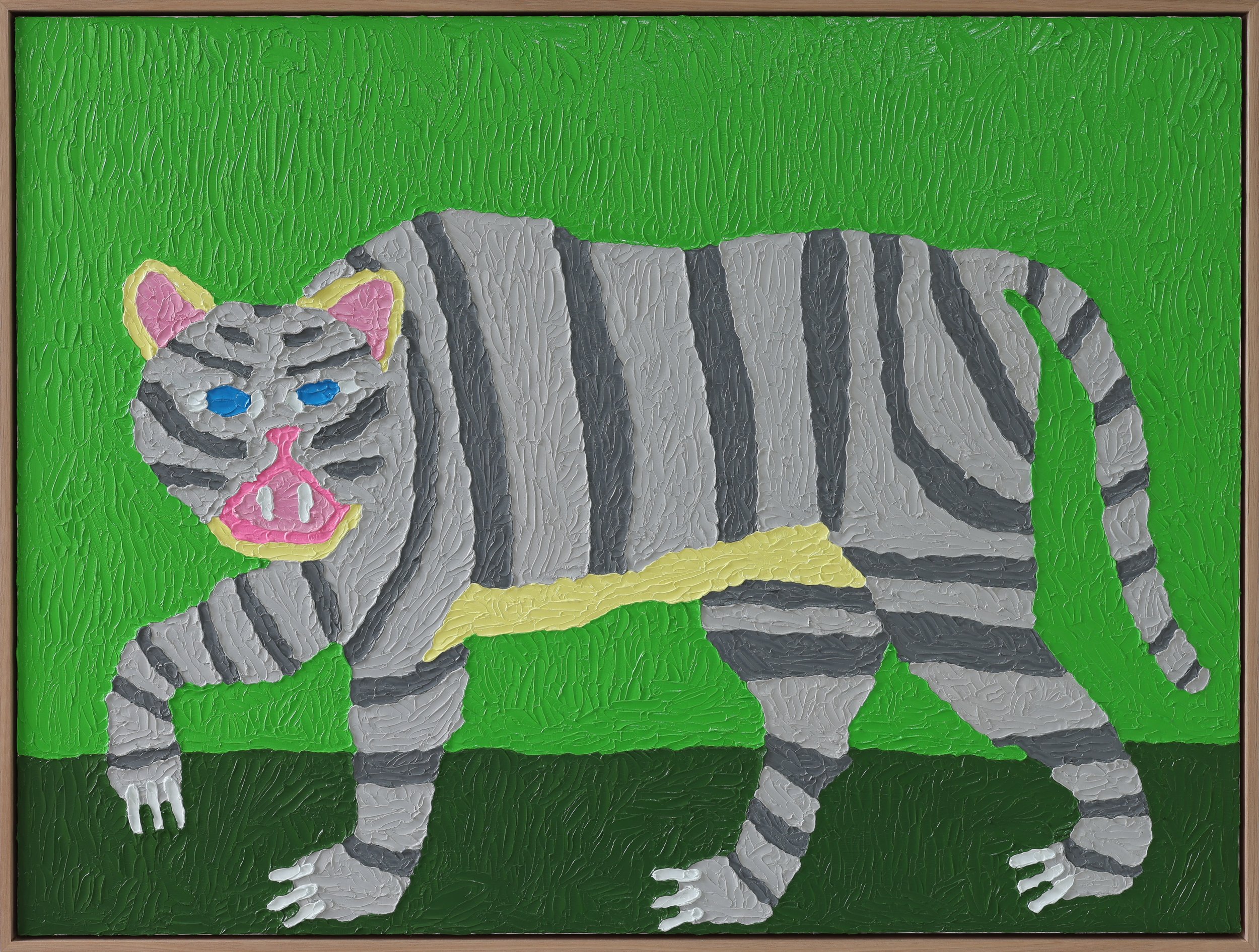 silver striped cat with green background