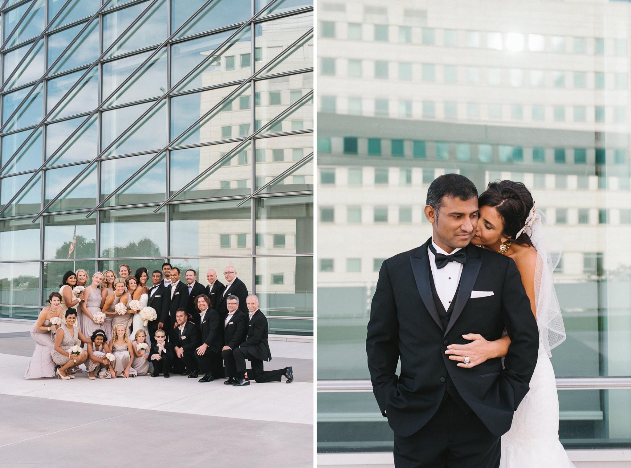 This is more an example of spontaneity. The bride initially wanted to take pictures on the Detroit riverfront. We were running very short on time and after watching the bridal party try to hustle in heels, I cut the long trek short and stopped them in front of this structure. There was also a limo driver shouting how much time we had left off in the distance. But we got some beautiful shots. 