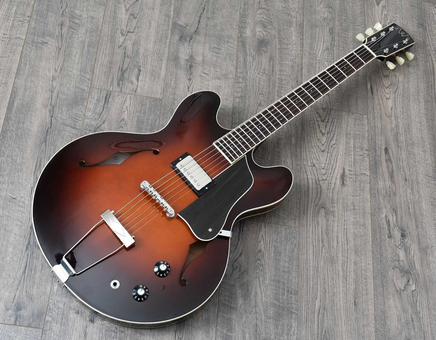 Something different, yet full of adventurous tone possibilities and inspiration. Fully Hollow. Carved Spruce Top. Single Humbucker midmount. And the Trapeze tail piece that adds so much to the already loud acoustic tones from the body. Some elegant t