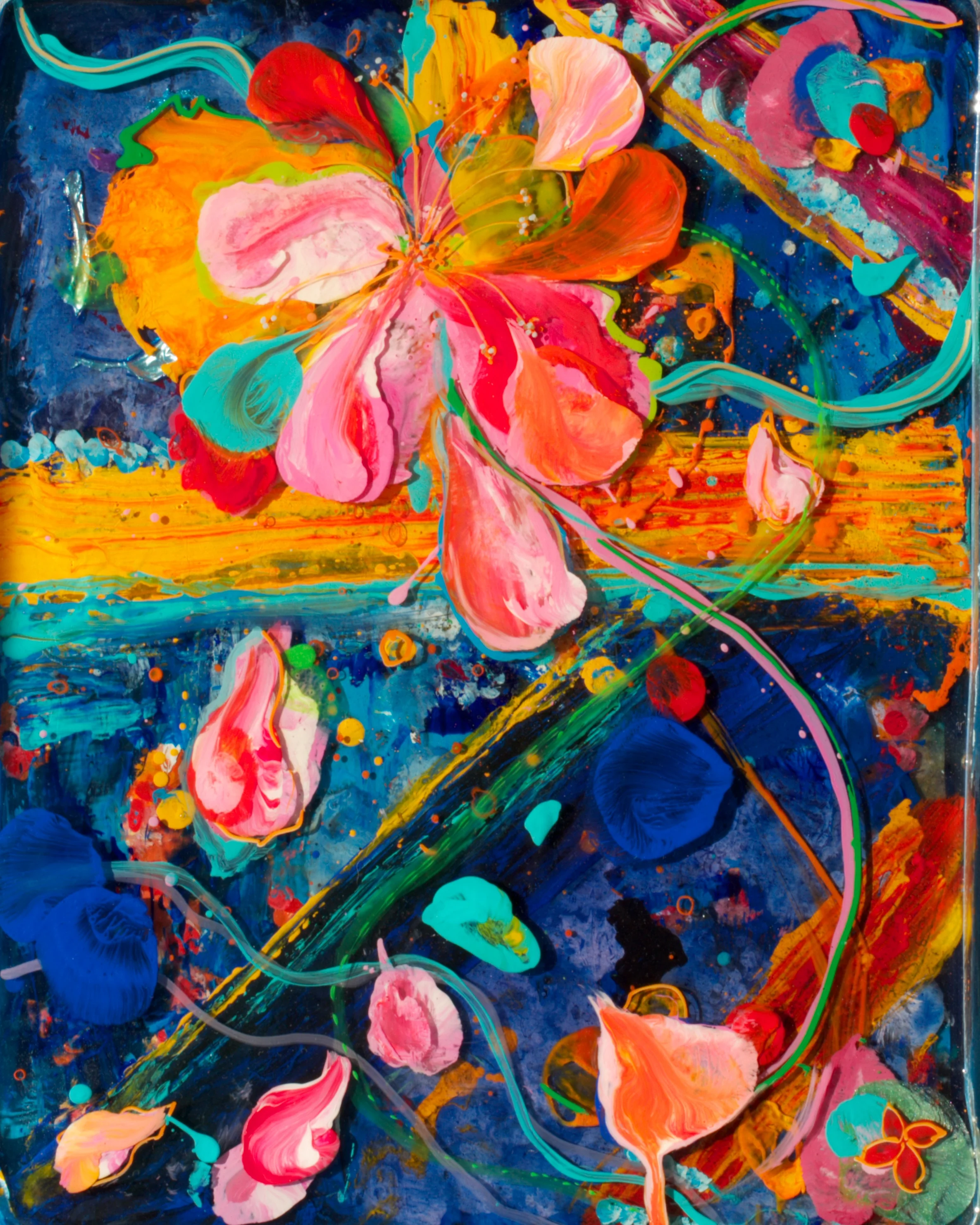 "Yellow Cross Hibiscus" 12" x 14" acrylic & resin on canvas, framed - SOLD