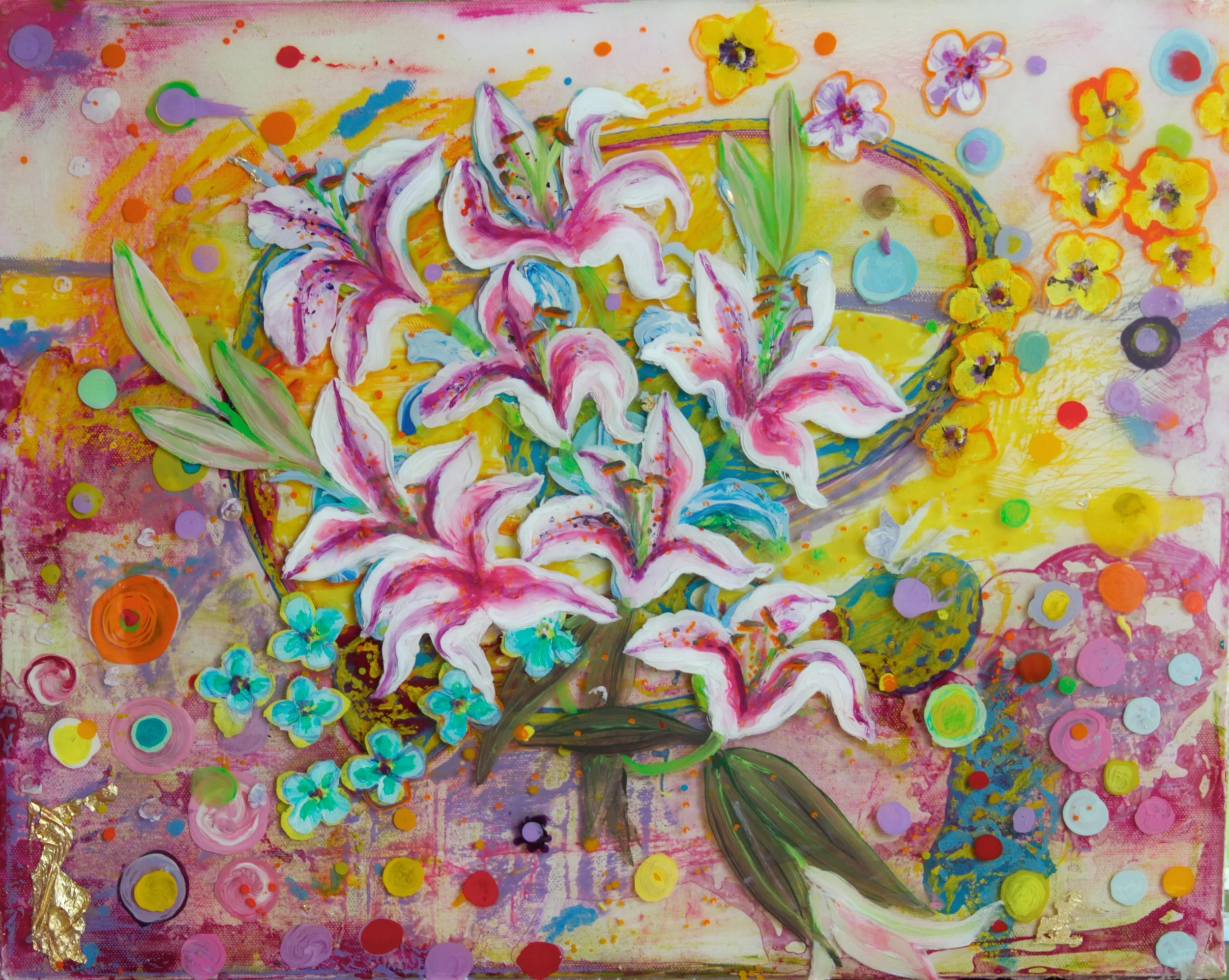 "Lily Blast" 17" x 20" acrylic & resin on board, framed- SOLD