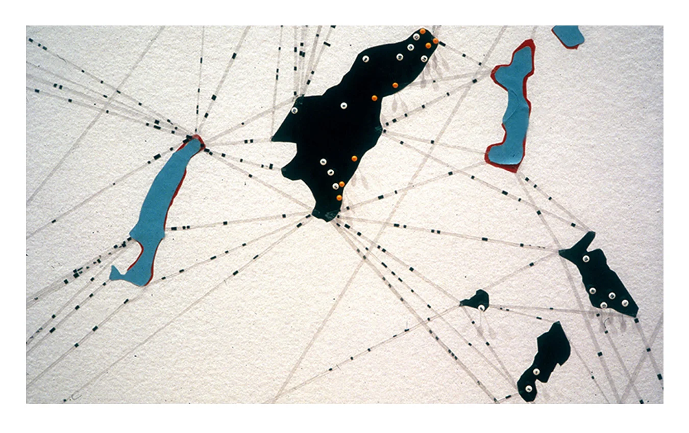  Information Retrieval 42. Detail. Transparent tape, black electric tape, painted shaped masking tape and map pins.