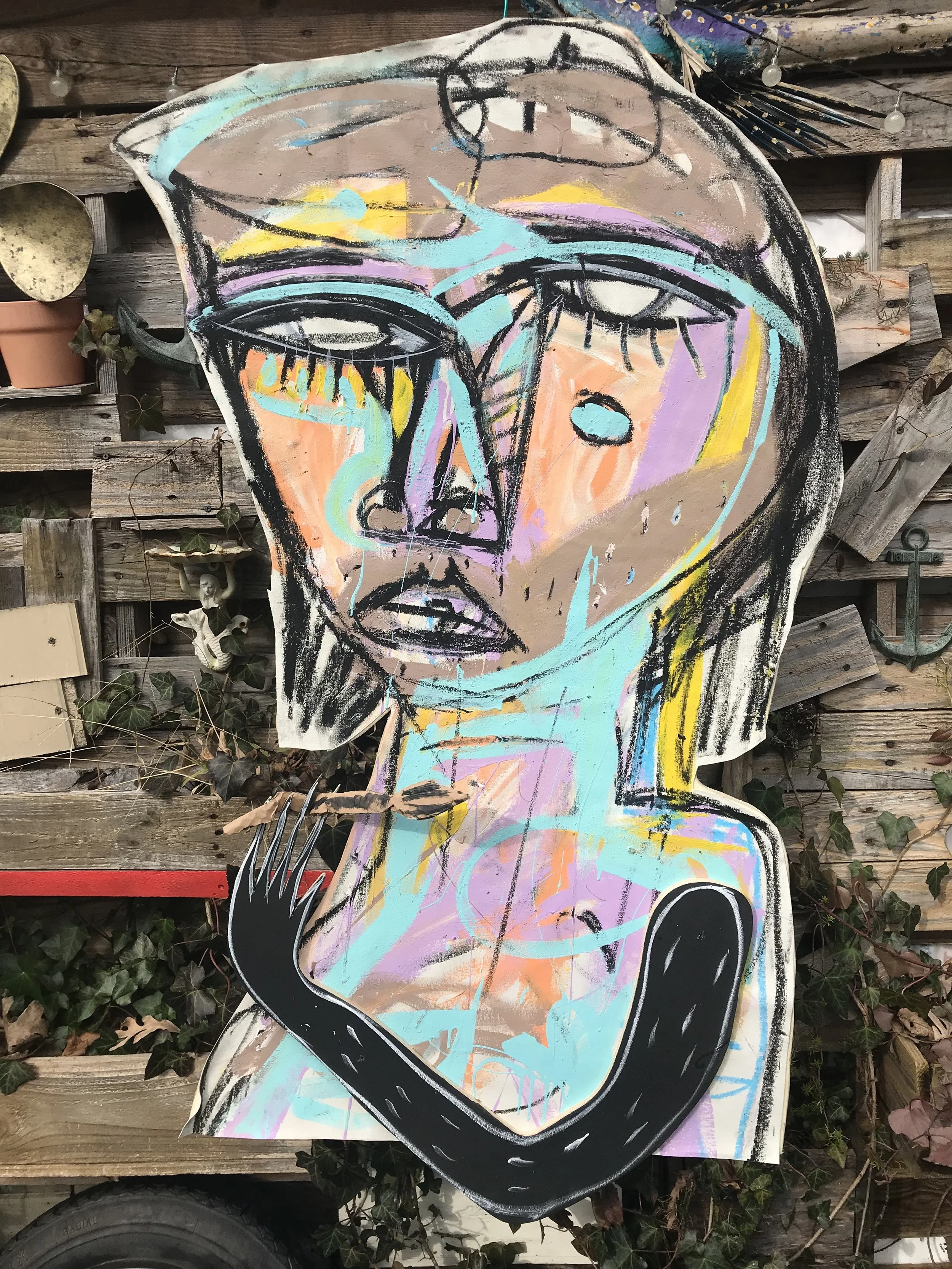  STREET ARTIST 1, CANVAS OVER WOOD CUTOUT WITH CARDBOARD  