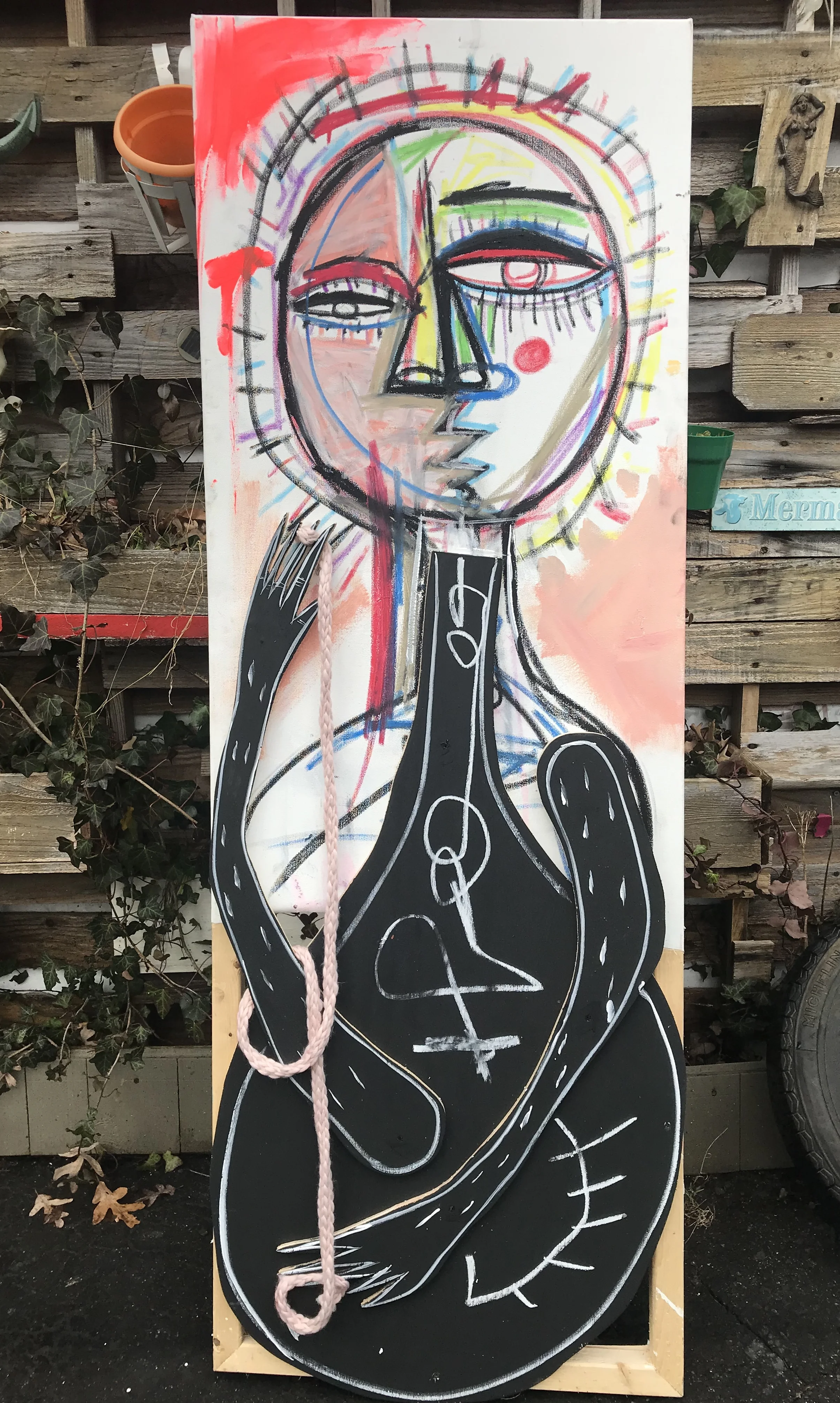  STREET ARTIST 4, CANVAS WITH WOOD CUTOUT AND  FABRIC  SOLD 