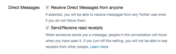 Screenshot of Twitter's Direct Message settings.