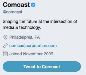 Screenshot of Comcast corporate Twitter profile.