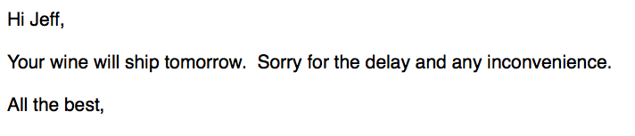 Email from winery CFO.