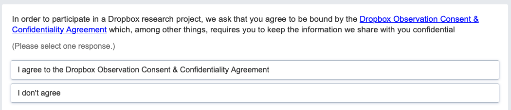 Confidentiality agreement required to take the Dropbox survey.