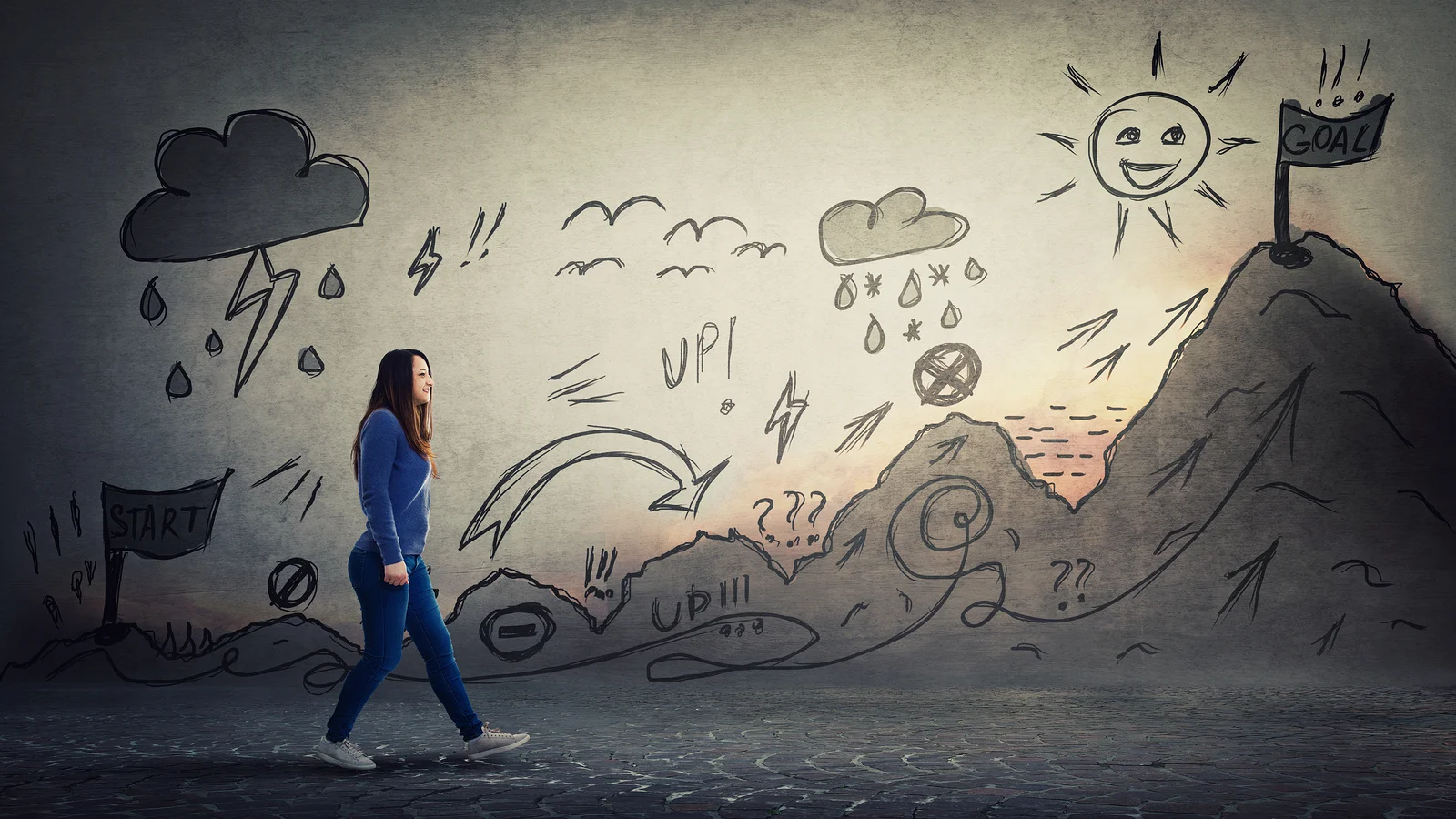 A person navigating over obstacles to achieve their goal.