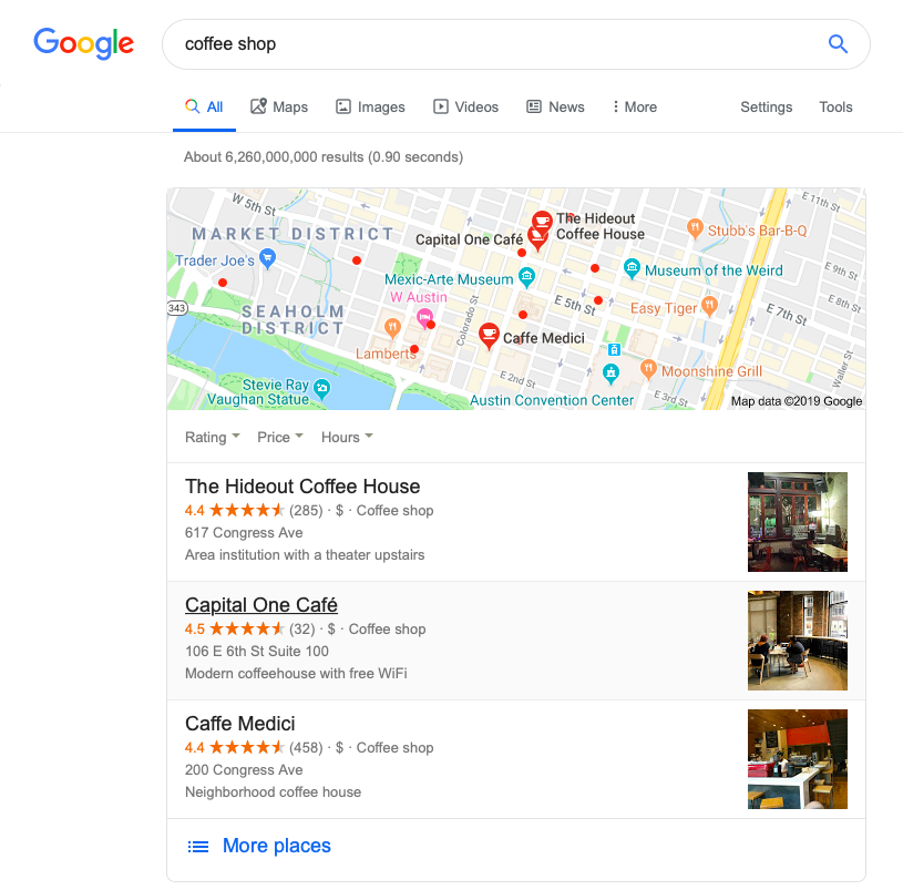 Screenshot of Google search results for Austin coffee shops.