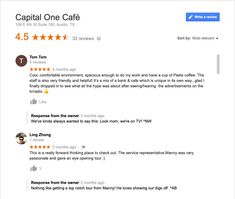 Screen shot of reviews from Capital One Cafe in Austin.