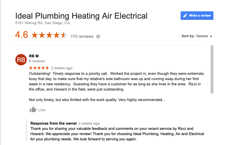 Google review of Ideal Plumbing Heating Air and Electrical