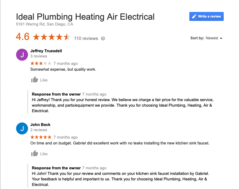 Screen shot of a Google review of Ideal Plumbing Heating Air and Electrical