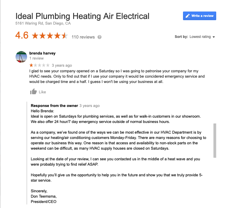 Screen shot of a customer review of Ideal Plumbing Heating Air and Electrical