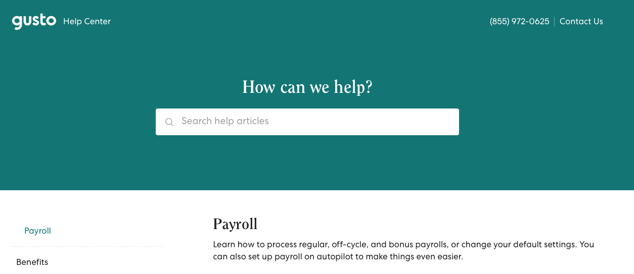 Gusto help center page with obvious contact information in the top right corner.