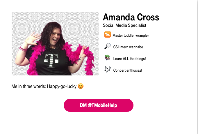 T-Mobile Twitter support rep card for Amanda Cross.