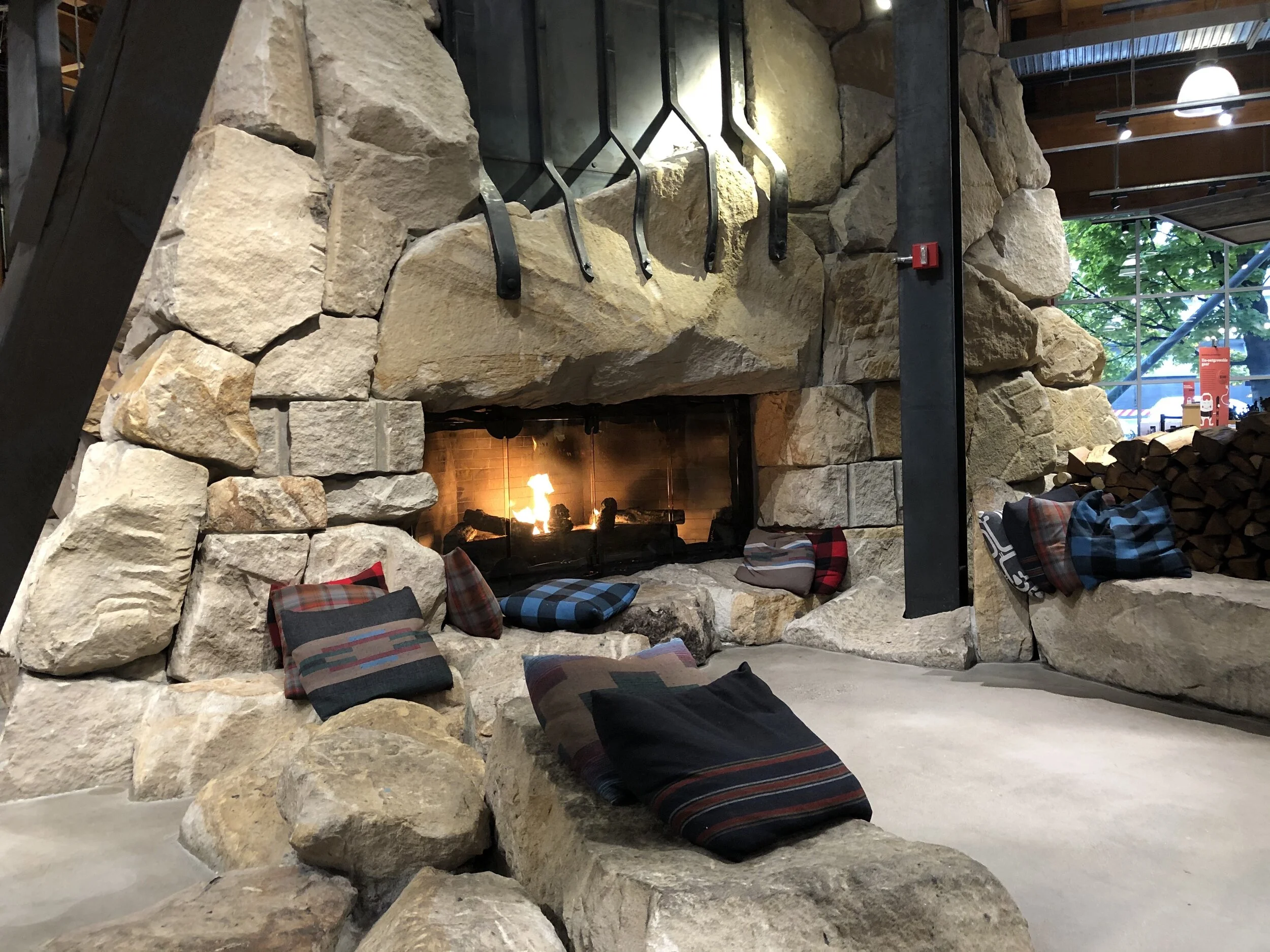 Fireplace inside the REI flagship store.
