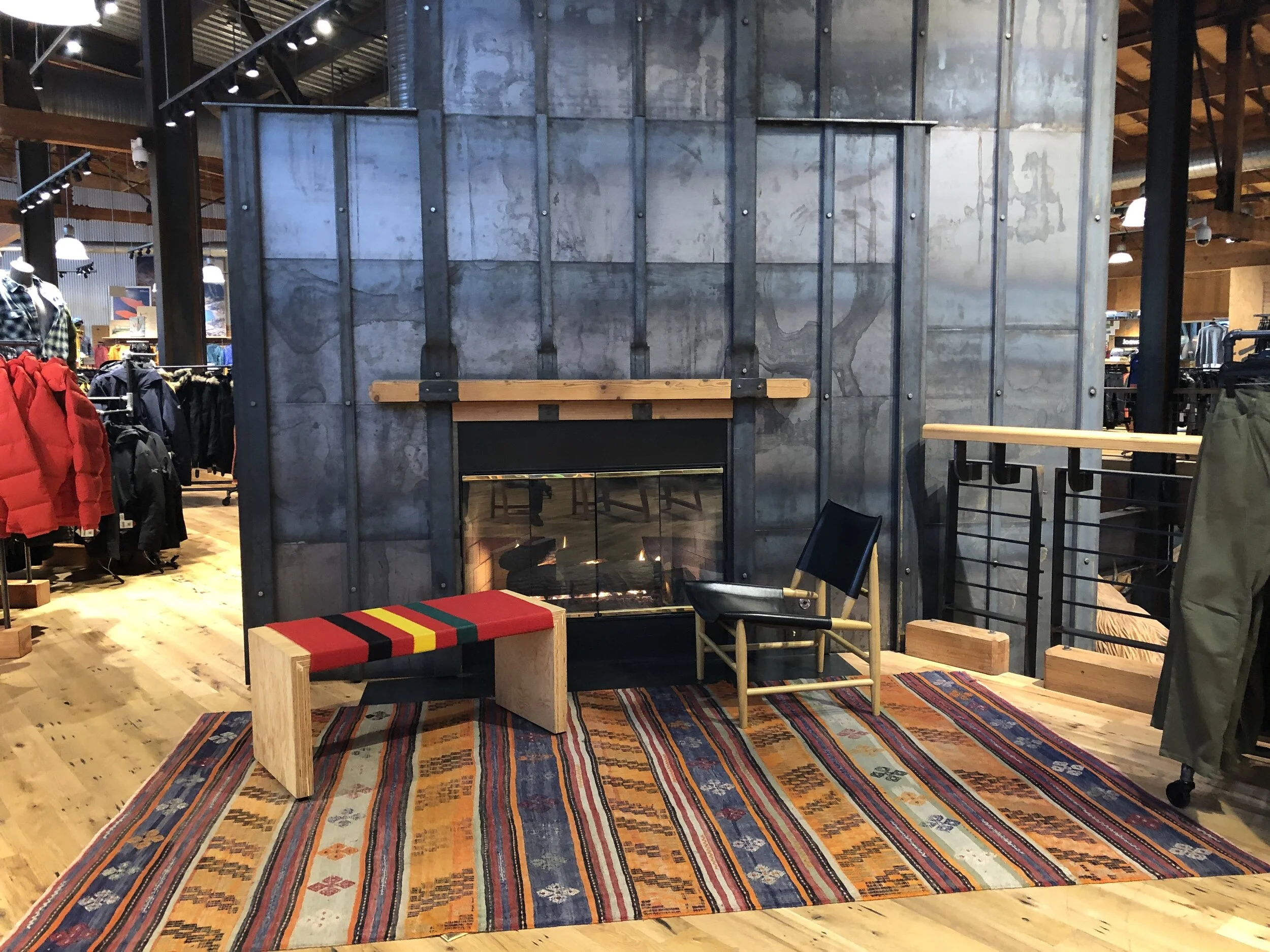 Upstairs fireplace at the REI flagship store in Seattle.