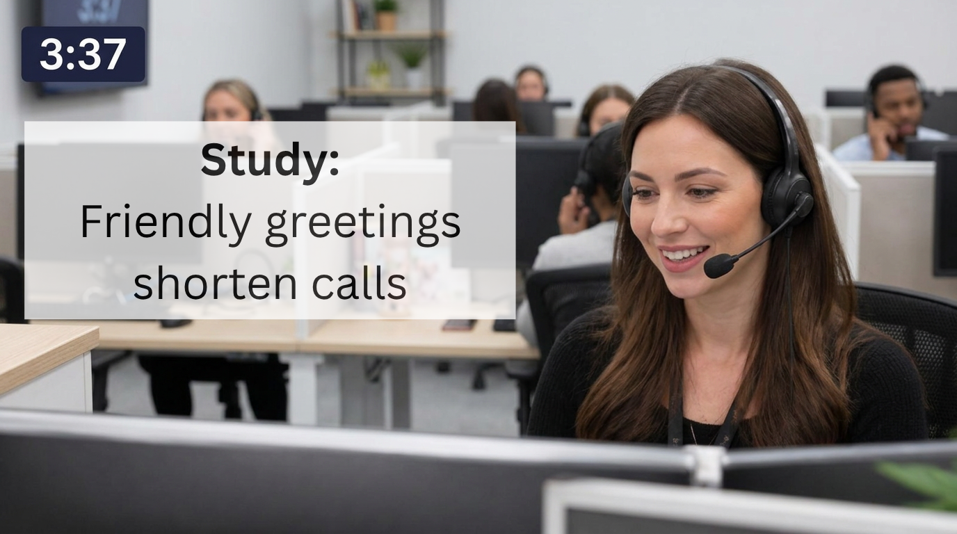 A smiling contact center agent is talking to an unseen customer on the phone. The headline on the graphic is "Study: friendly greetings shorten calls."