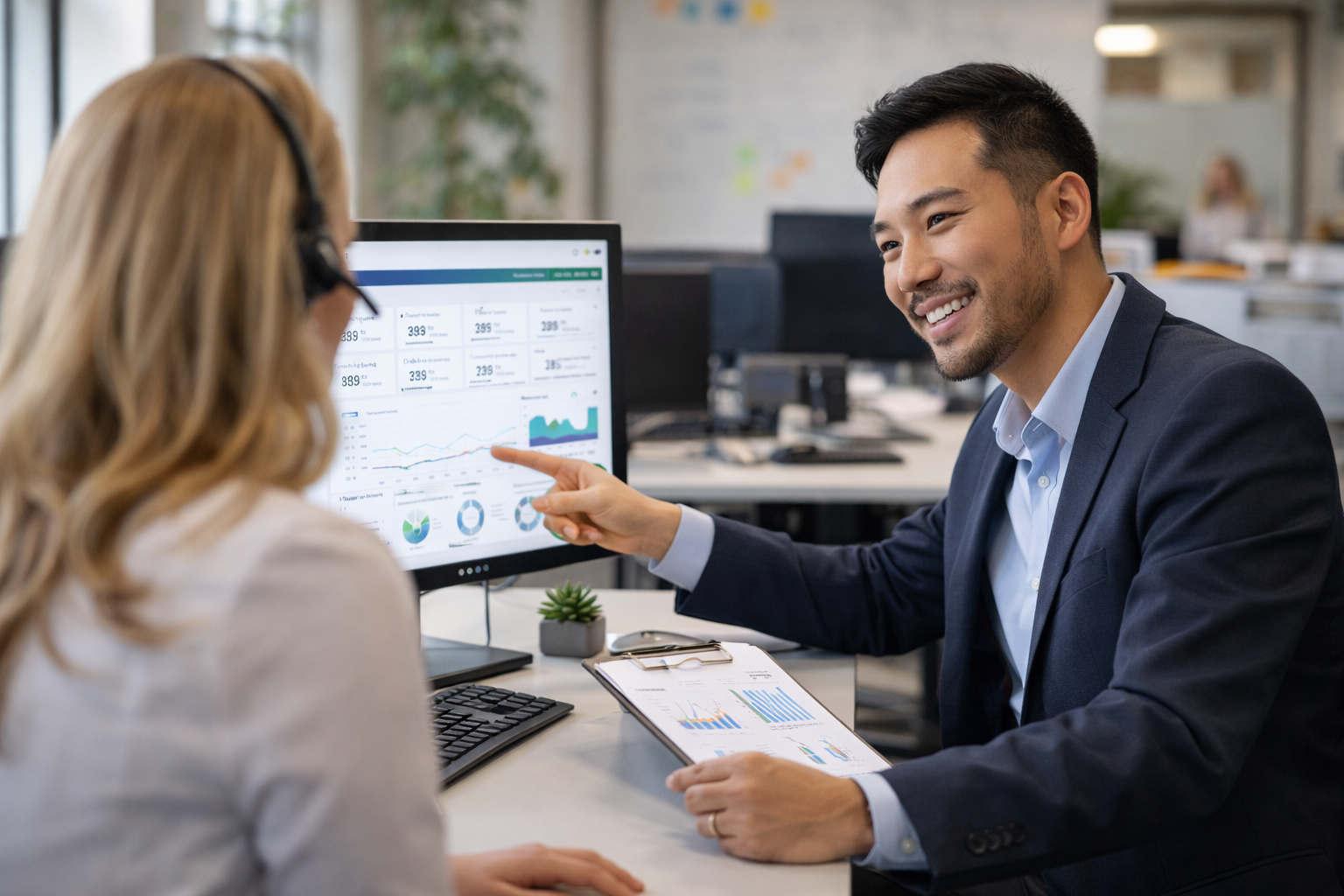 A customer service leader is working one-on-one with an employee.