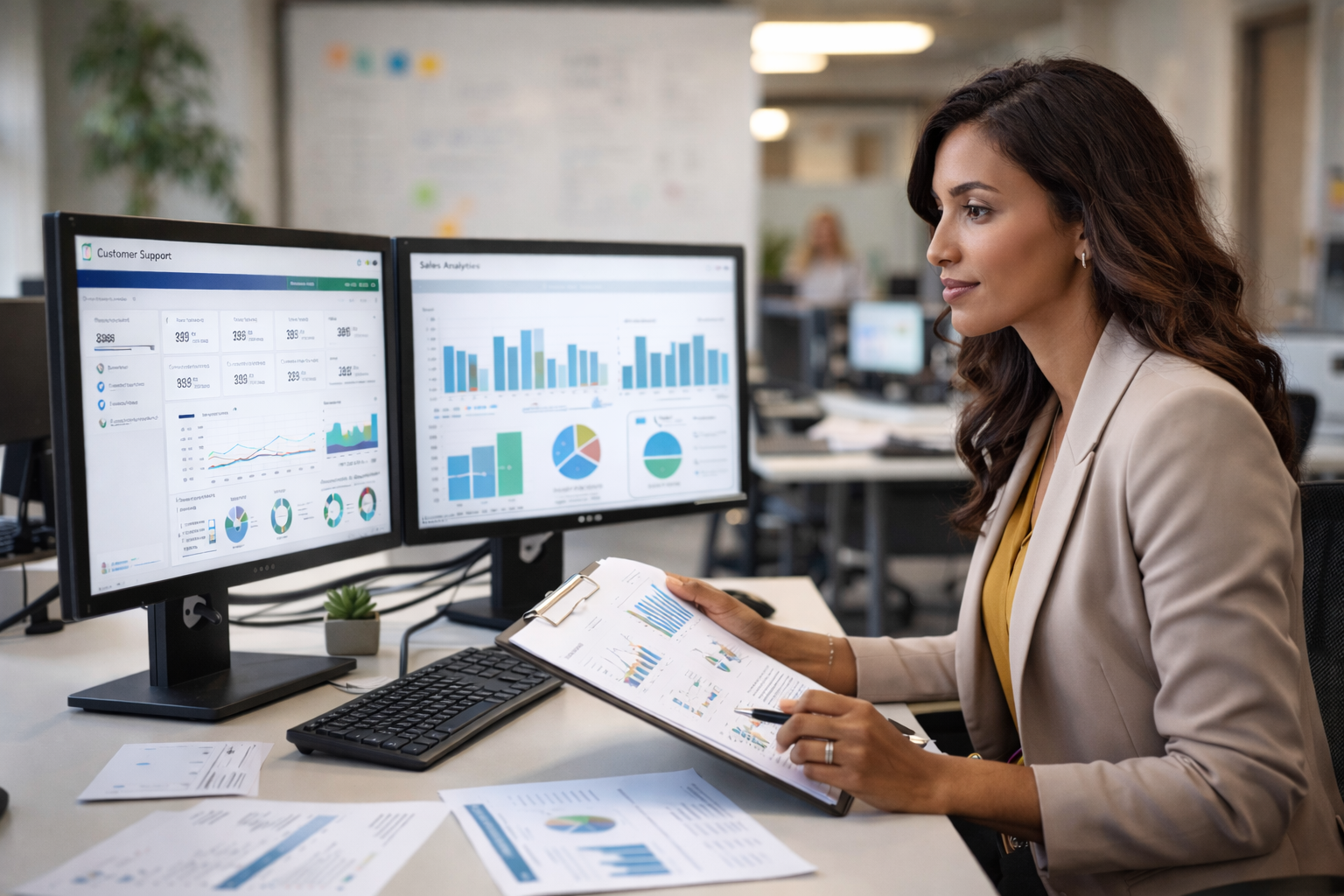 A customer service leader is reviewing and analyzing data.