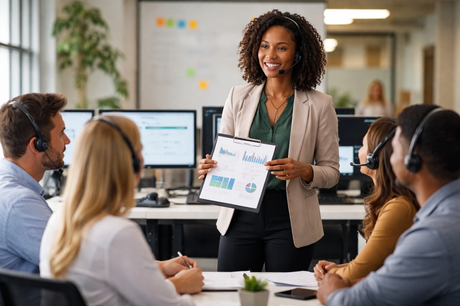 A customer service leader is sharing information with their team.