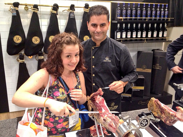 me, living out a dream I didn't even know I had--to carve a jamon Iberico aka a beautiful aged ham worth one of my student loan payments. I was gazing lovingly at the gorgeous meat in front of me when the chef asked me if I wanted to try chipping the meat. I've never been more nervous or excited in my life!