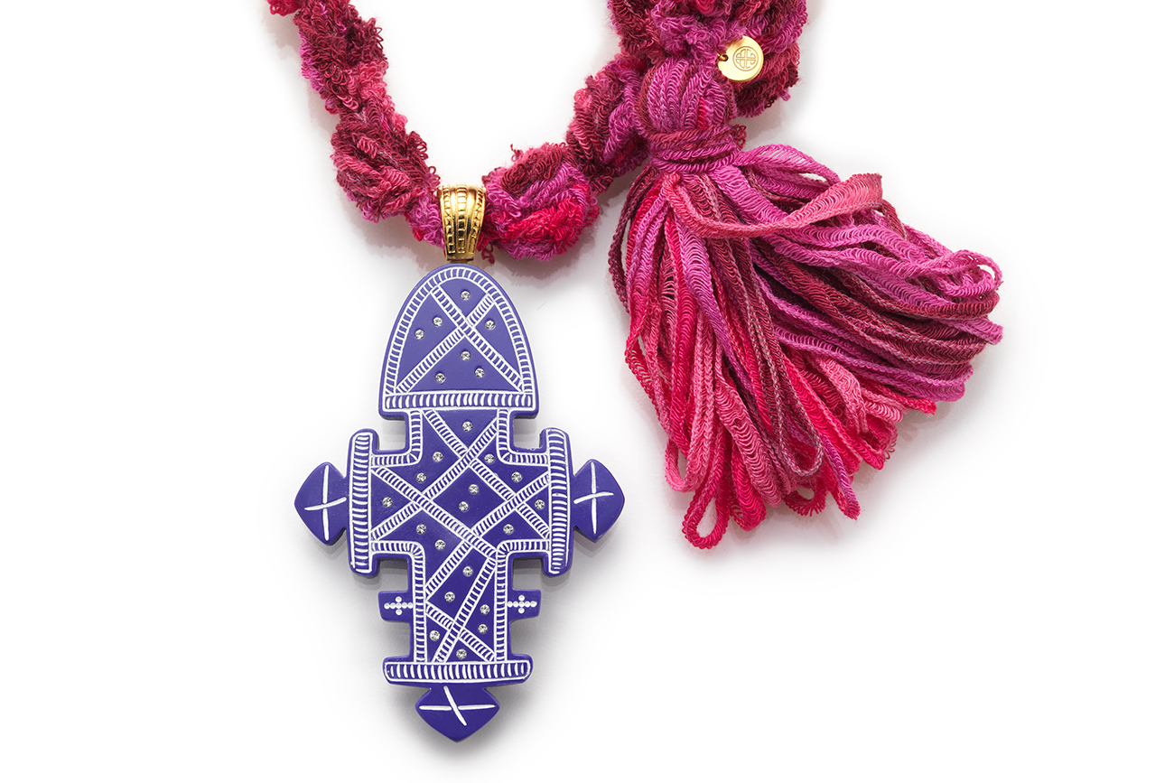 Pink Chenille Knit Rope Necklace with Purple Ethiopian Cross
