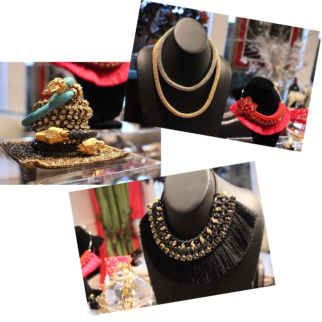 Top to Bottom: Chloe Choker in Silver and Gold, Stingray Wrist Wraps and the Crystal Wrap Bracelet and the Oltrarno Bib Necklace .