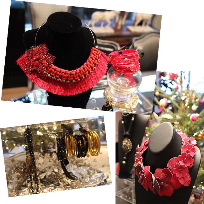 Top to Bottom: Pitti Bib Necklace , Cha Cha Bead Bangles in Peony , Gold All Weather Bangles , Cha Cha Bead Bangles in Black , Fiori Bib Necklace