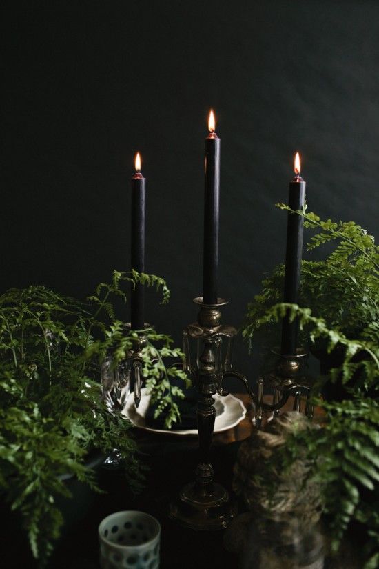 You can never go wrong with something simple, such as the pairing of black candles with lush ferns.