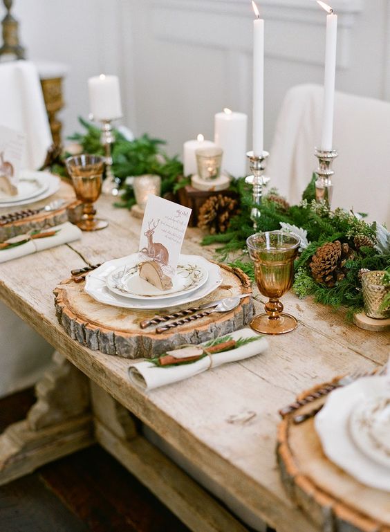The holidays are a great time to play with texture in your place settings. Try a rustic, wood charger this year, or wrap a cinnamon stick and a tree trimming in with your napkin. 